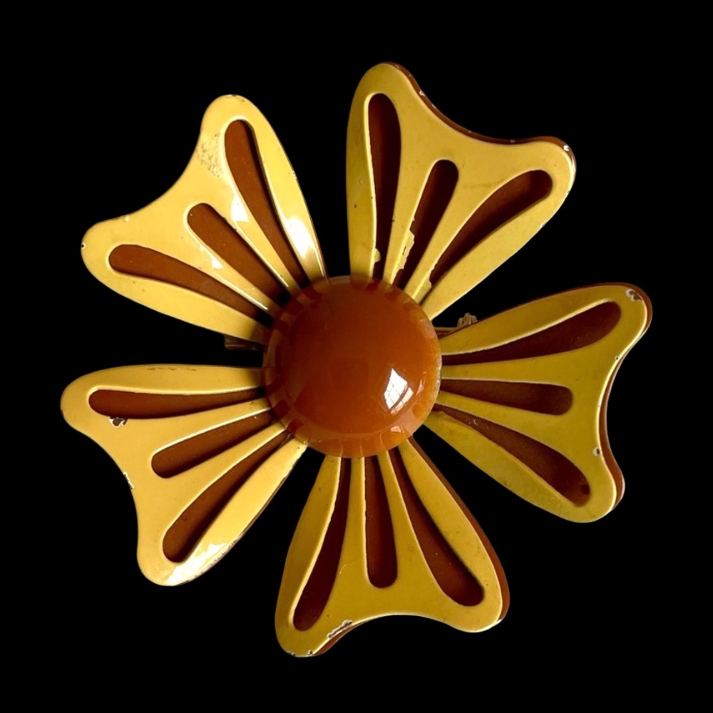 Vintage Enamel Flower Brooch Yellow And Brown